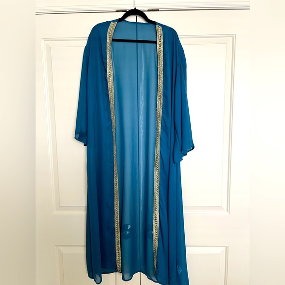 Peacock blue with gold trim sheer abaya - Picture 1 of 1